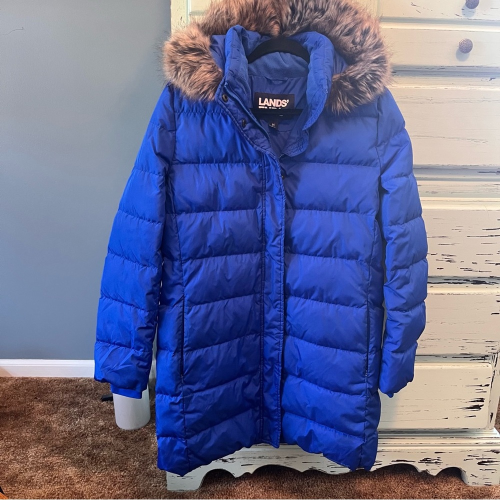 Lands' End Blue Down Puffer Coat with Fur Hood. Women’s size medium.